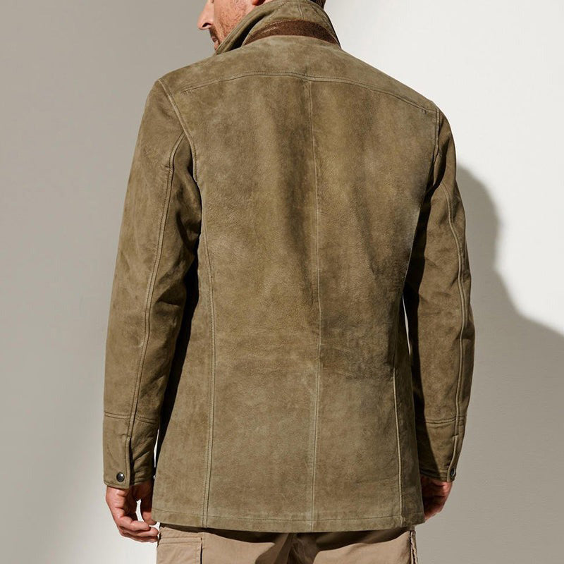 Mens Suede Jacket with Leather Trim Structured Fit Notched Lapel