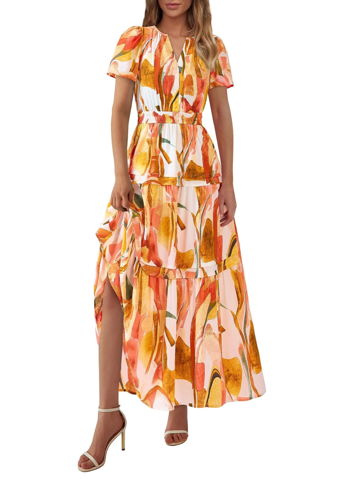 Womens Maxi Dress Floral Boho V-Neck Short Sleeve Flowy A-Line