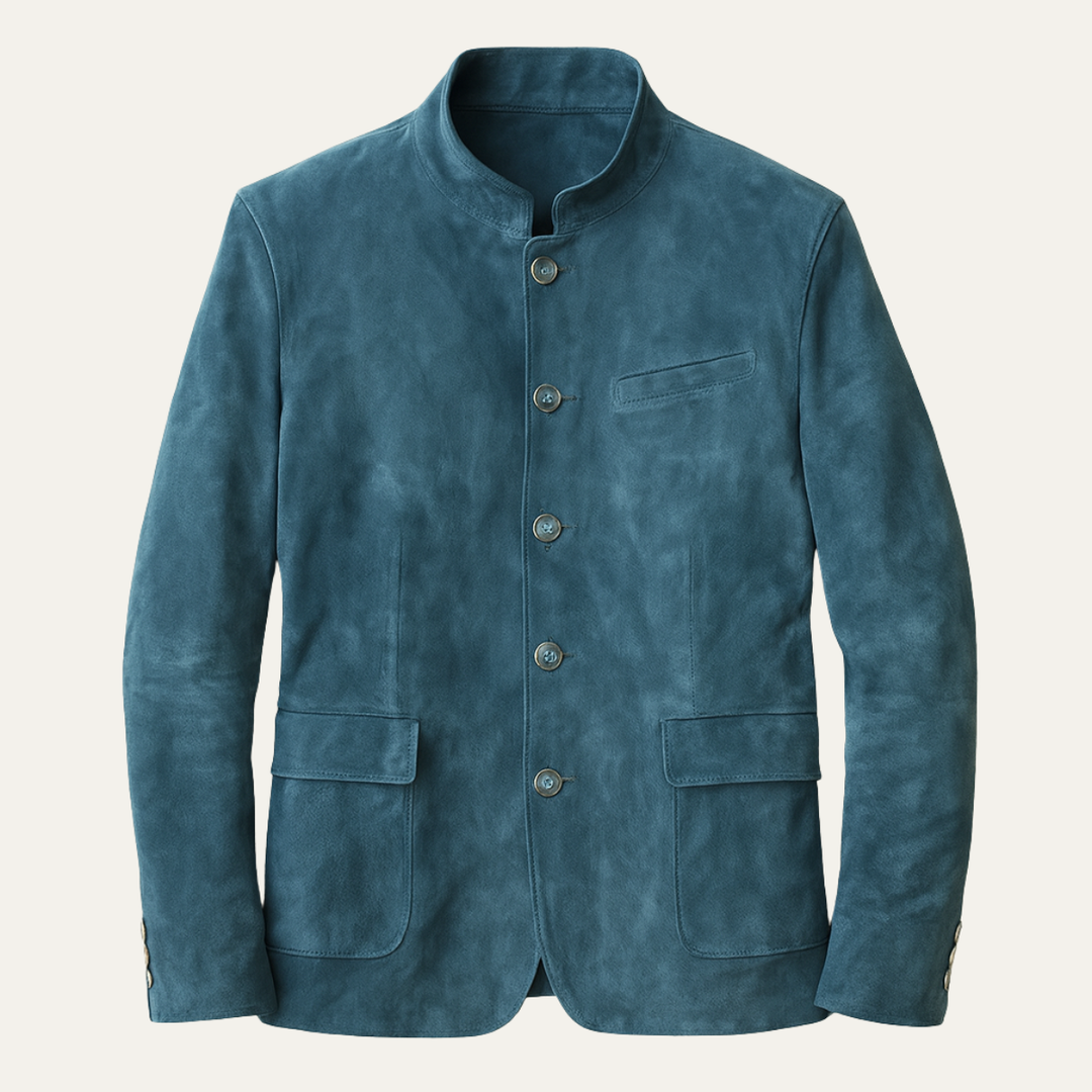 Mens Suede Blazer Jacket Smart Stand Collar Button-Up - BritishMode