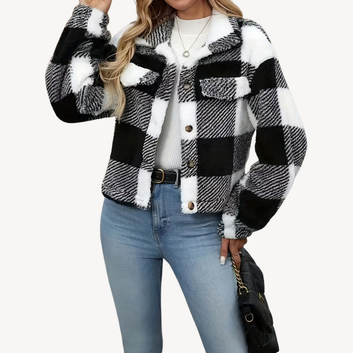 Womens Sherpa Jacket Plaid Pattern Relaxed Fit - BritishMode