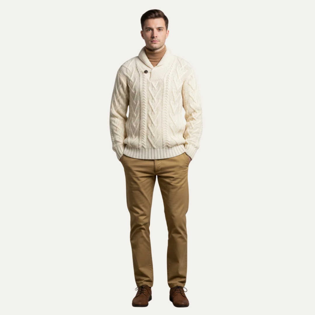 Mens Cable Knit Sweater Shawl Collar Double Breasted - BritishMode