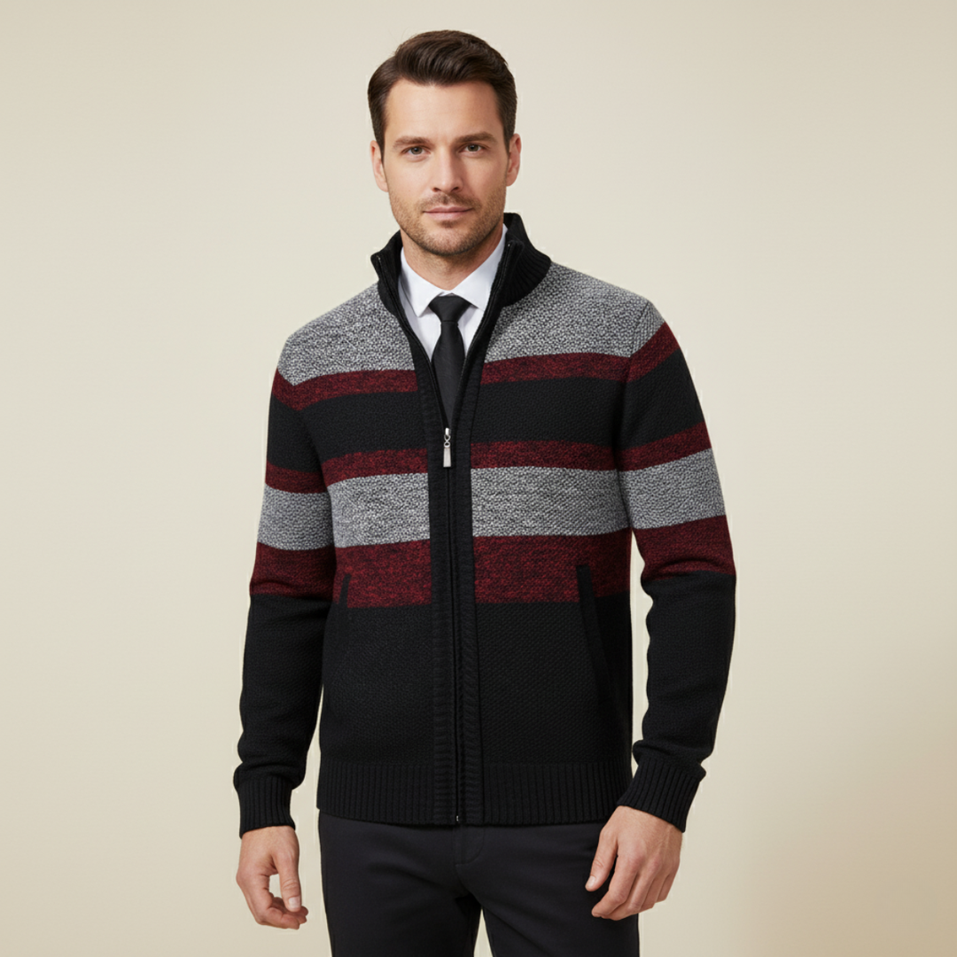 Mens Knit Zip Cardigan Striped Winter Style