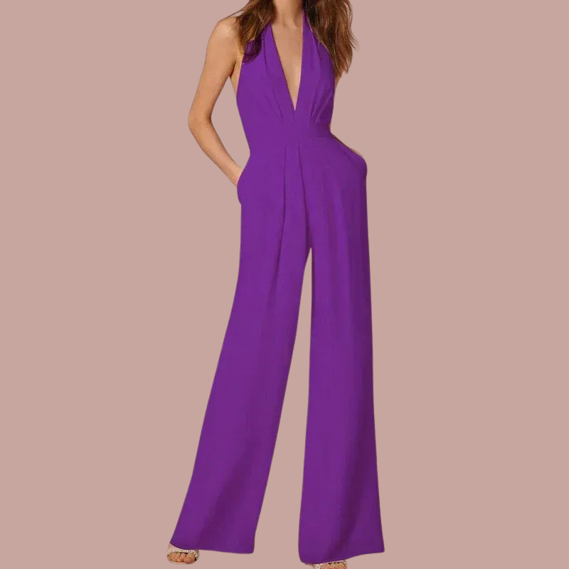 Womens Sleeveless Jumpsuit with Wide Legs and Deep V-Neck