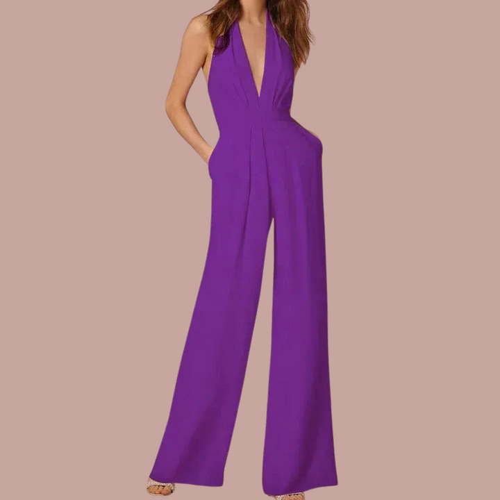 Womens Sleeveless Jumpsuit with Wide Legs and Deep V-Neck