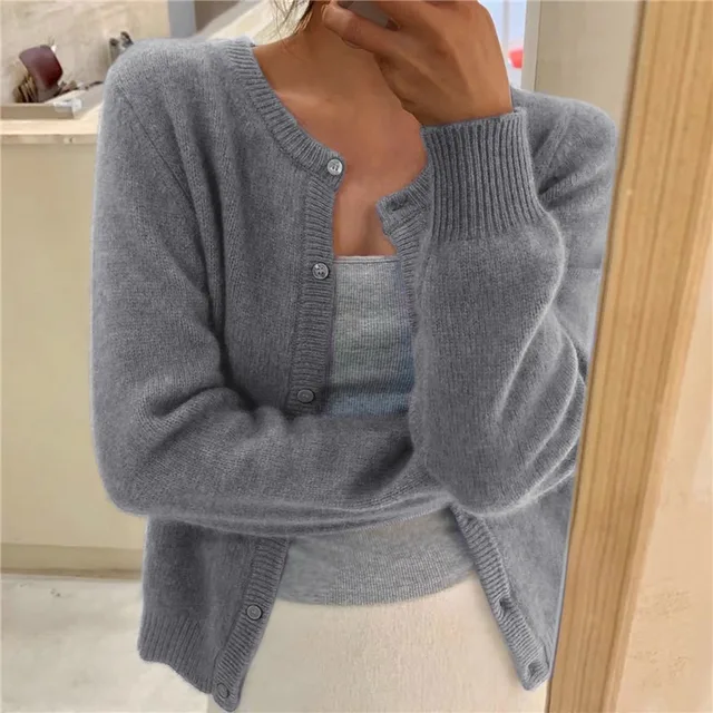 Womens Knit Cardigan Soft Fabric Round Neck Long Sleeve - BritishMode