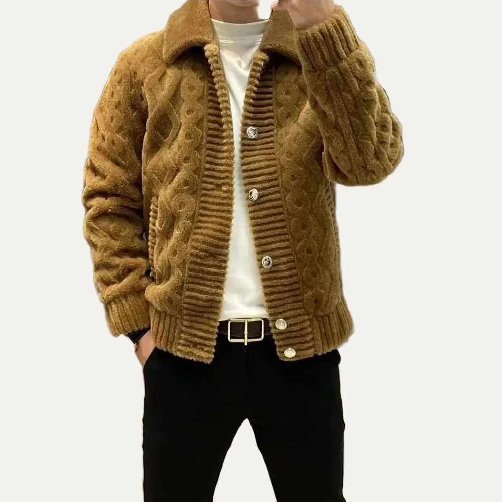 Mens Cable Knit Jacket Plush Material Relaxed Fit