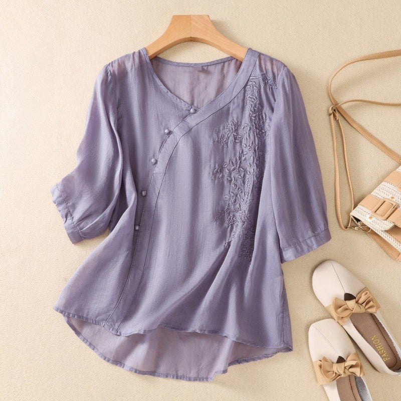 Womens Tunic Top Off-Center Button Relaxed Fit
