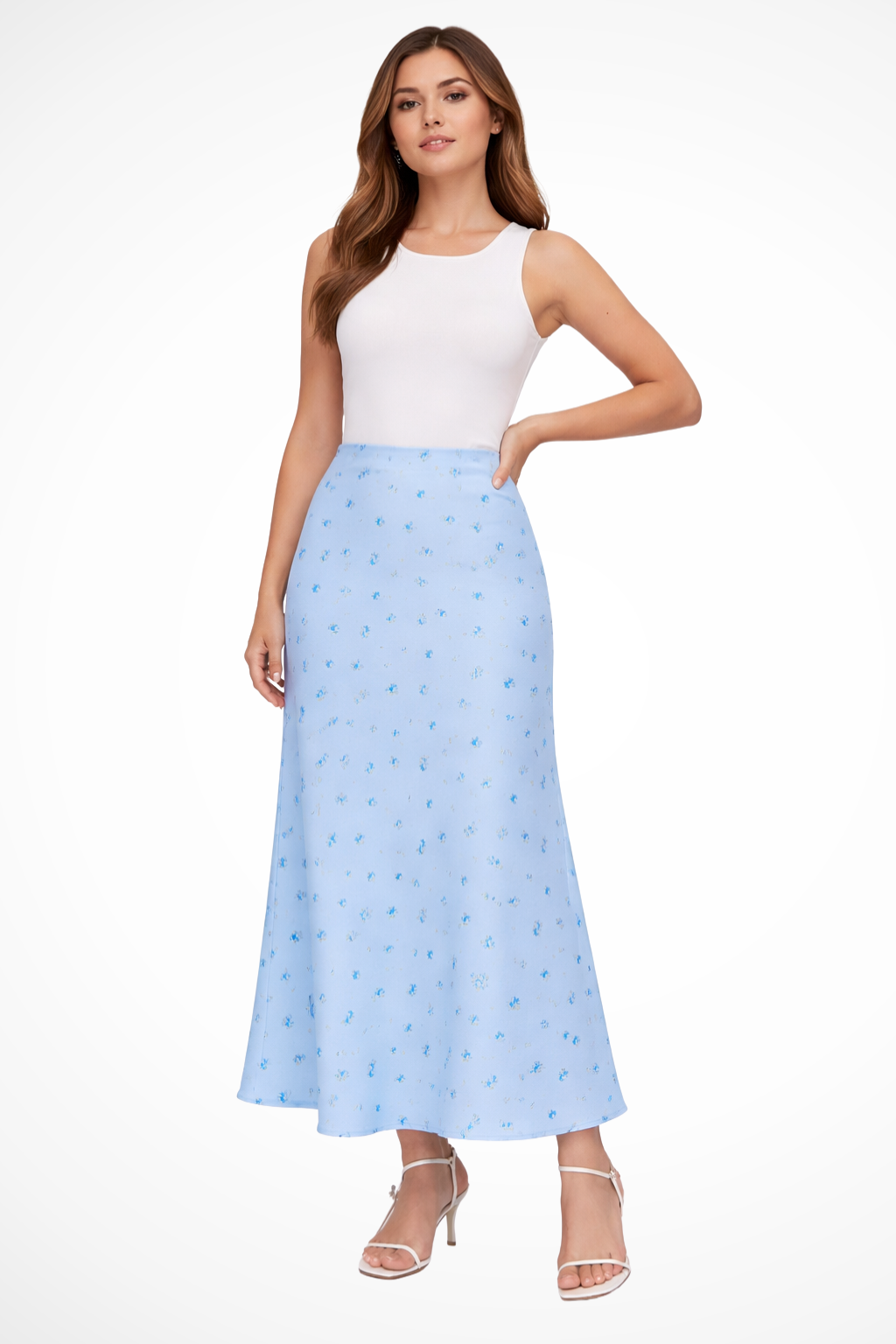 Womens Satin Maxi Skirt Floral Print Bias Cut