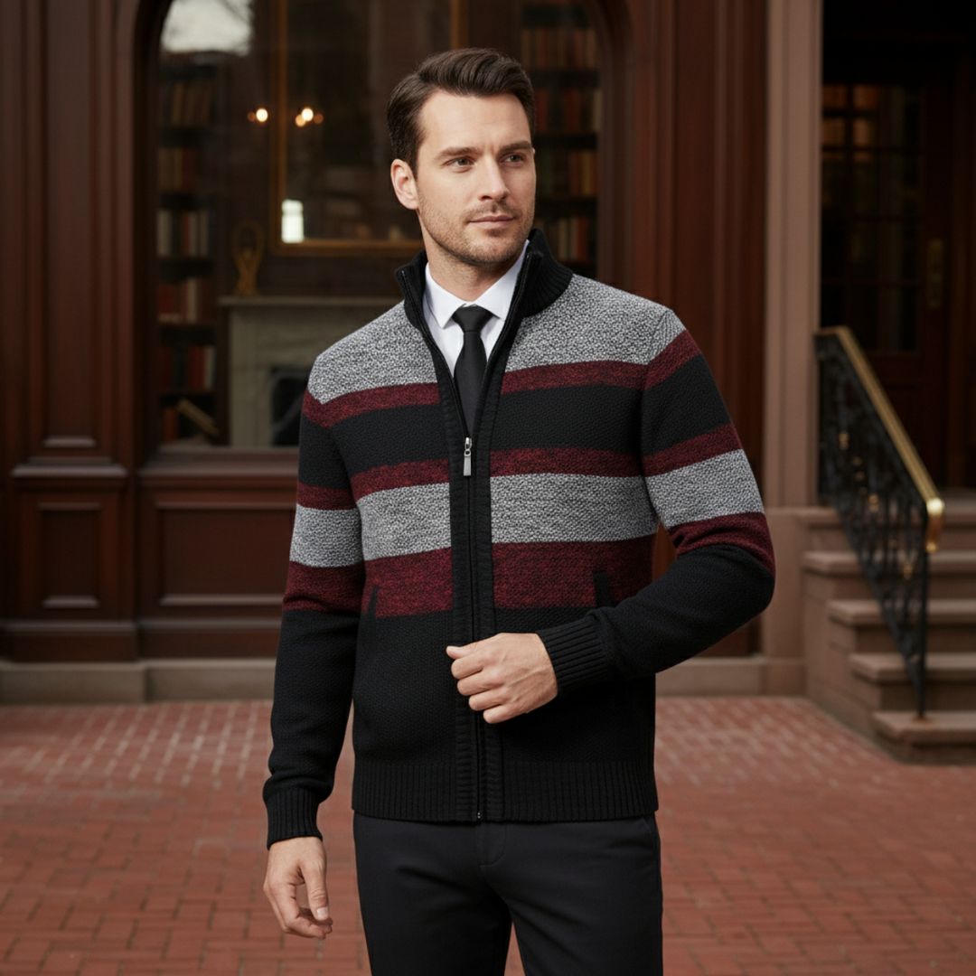 Mens Knit Zip Cardigan Striped Winter Style