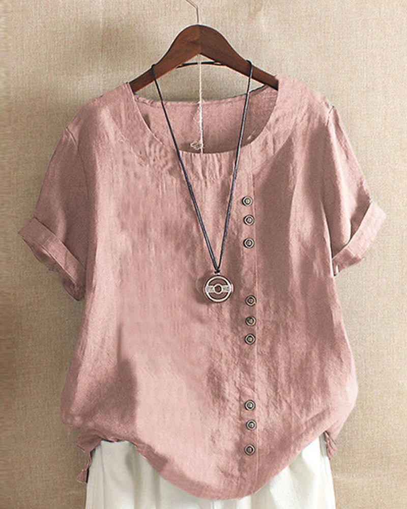Womens Linen Blouse Casual Peasant Style Button Detail - BritishMode