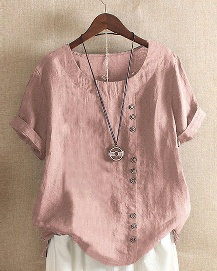 Womens Linen Blouse Casual Peasant Style Button Detail - BritishMode