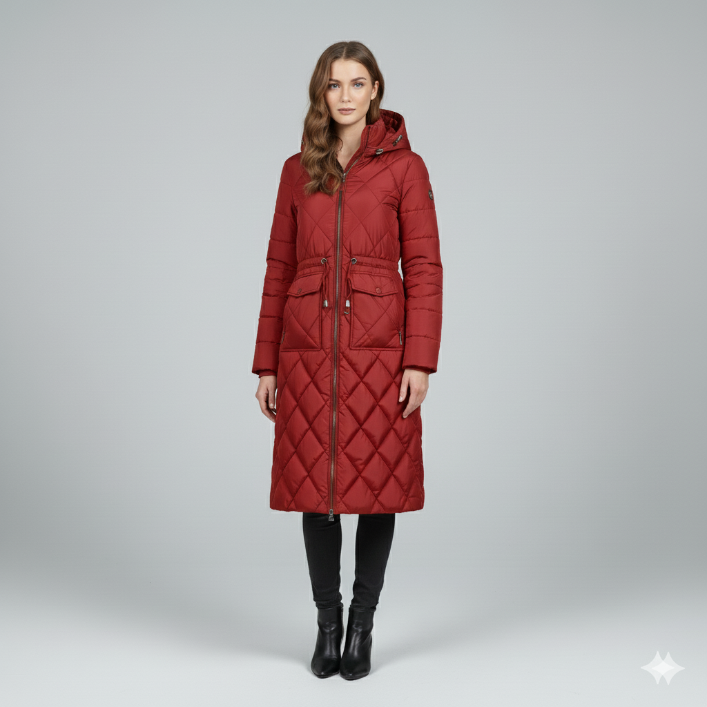 Womens Quilted Padded Jacket with Hood Knee-Length Fit