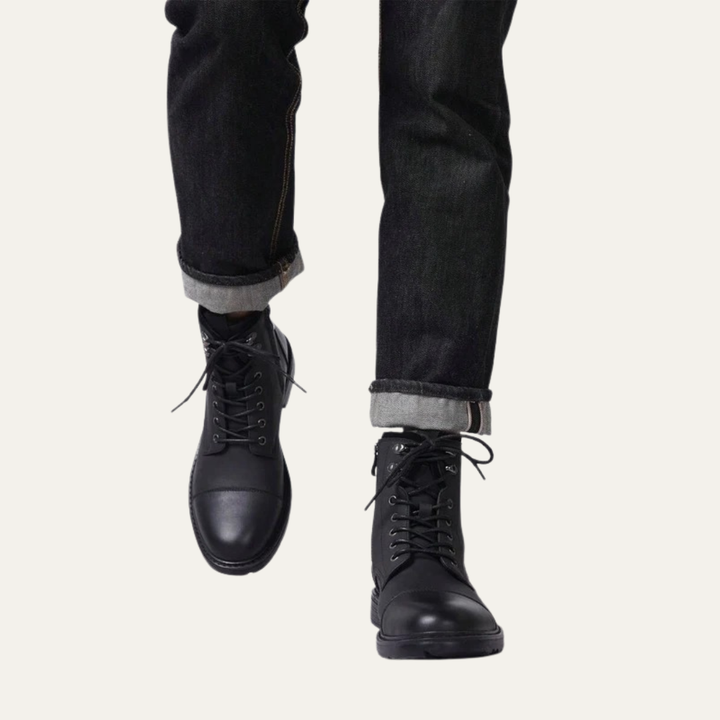 Mens Ankle Boots Leather Cap Toe Lace-Up Combat Style