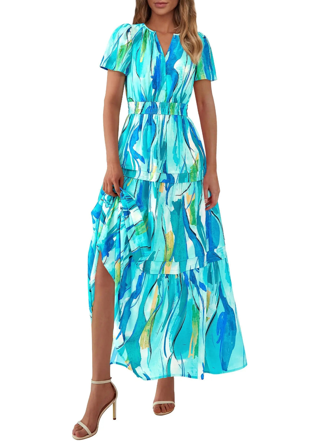Womens Maxi Dress Floral Boho V-Neck Short Sleeve Flowy A-Line
