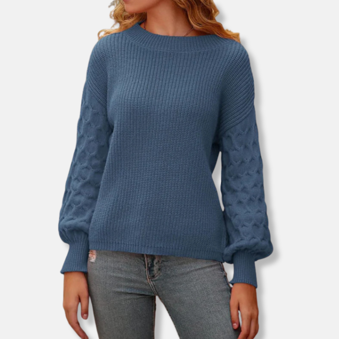 Womens Pullover Sweatshirt Textured Knit Relaxed Fit Balloon Sleeves