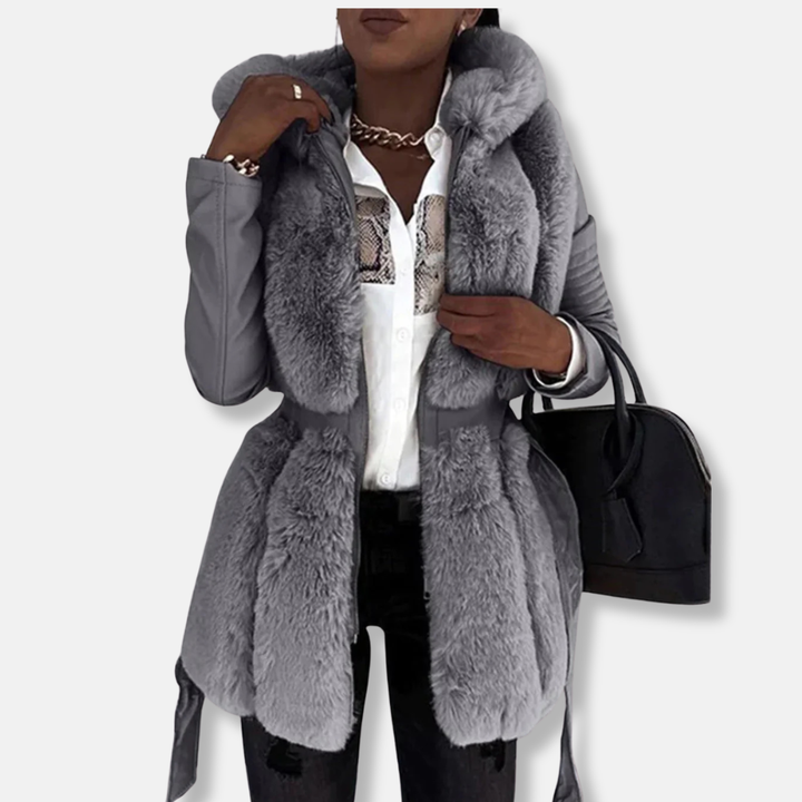 Womens Mid-Length Coat Imitation Fur Front Belted Tailored Fit - BritishMode