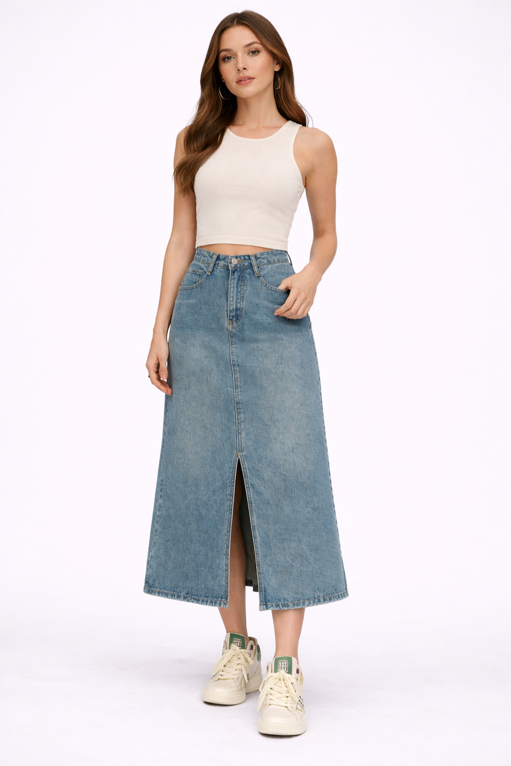 Womens Denim Maxi Skirt High Waist A-Line Front Split - BritishMode