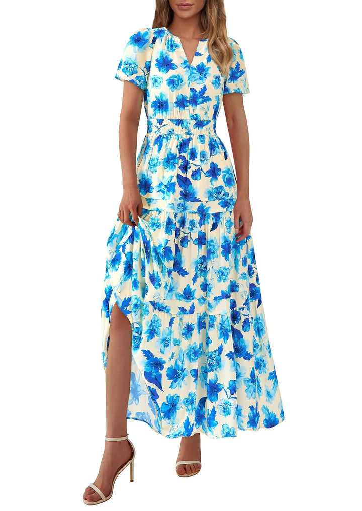 Womens Maxi Dress Floral Boho V-Neck Short Sleeve Flowy A-Line