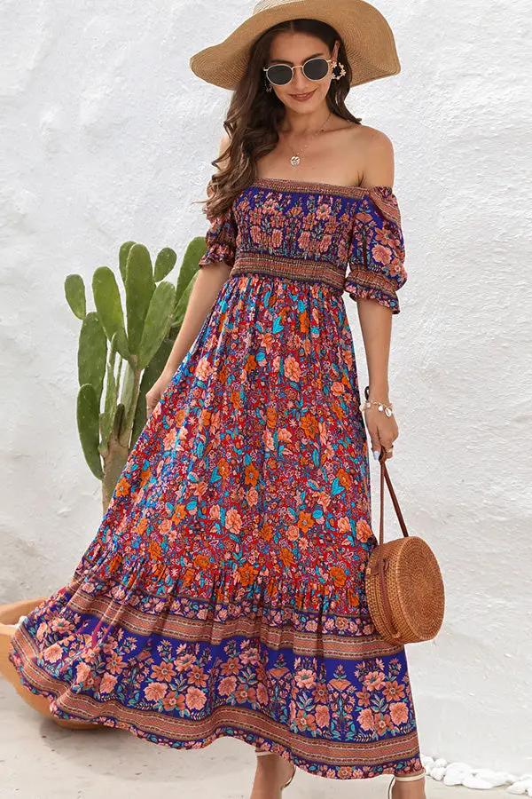 Womens Maxi Dress Printed Bohemian Smocked Short Sleeve