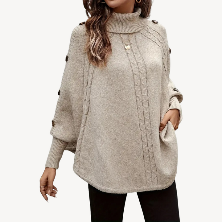 Womens Cable Knit Poncho Sweater with Button Detail - BritishMode