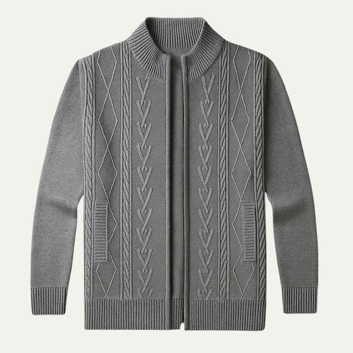 Mens Knit Cardigan Full Zip Cable and Diamond Pattern