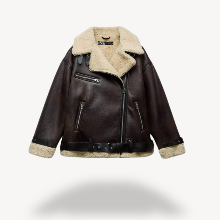 Womens Shearling Biker Jacket Faux Leather Slim Fit - BritishMode