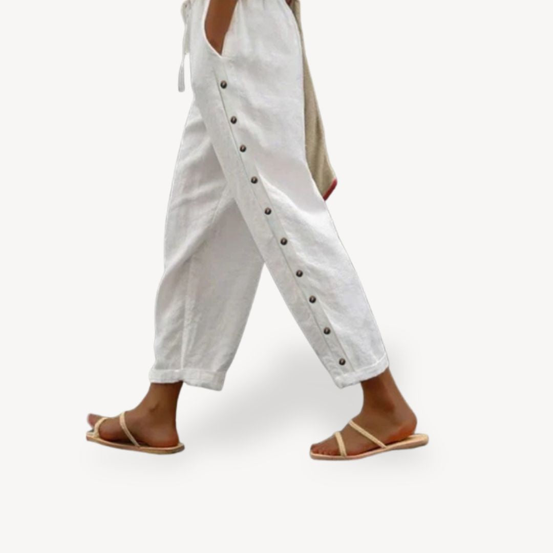 Womens Casual Trousers with Button Detail Relaxed Fit - BritishMode
