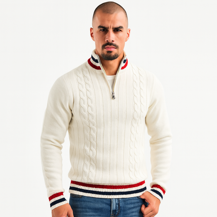 Mens Cable Knit Sweater Mock Neck Zip Front - BritishMode