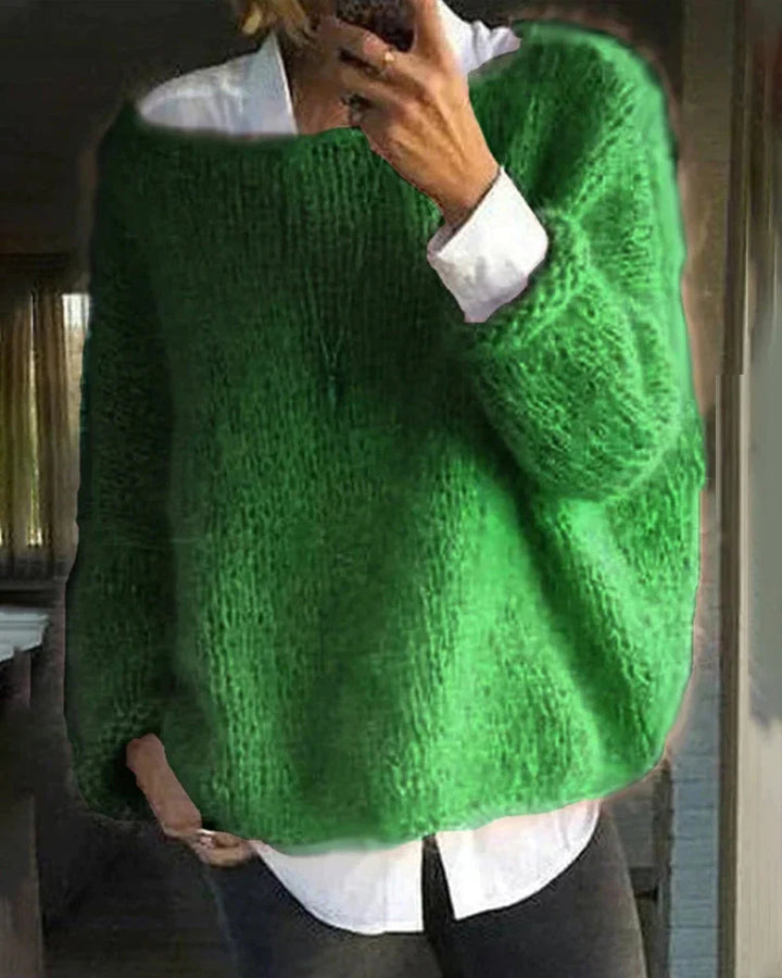 Womens Crew Neck Batwing Sleeve Mohair-Feel Knit Sweater