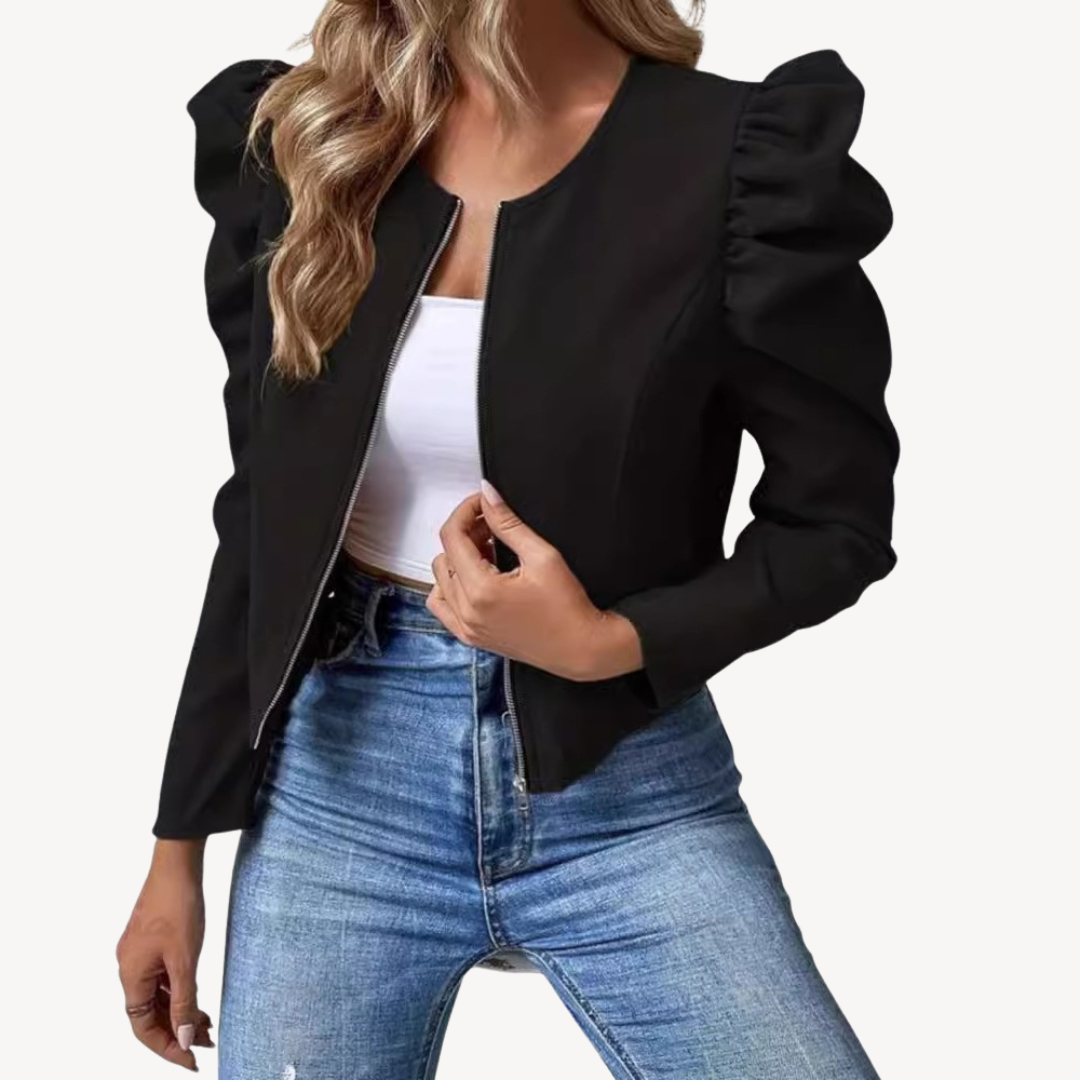 Womens Zip-Up Jacket with Puff Sleeves - BritishMode