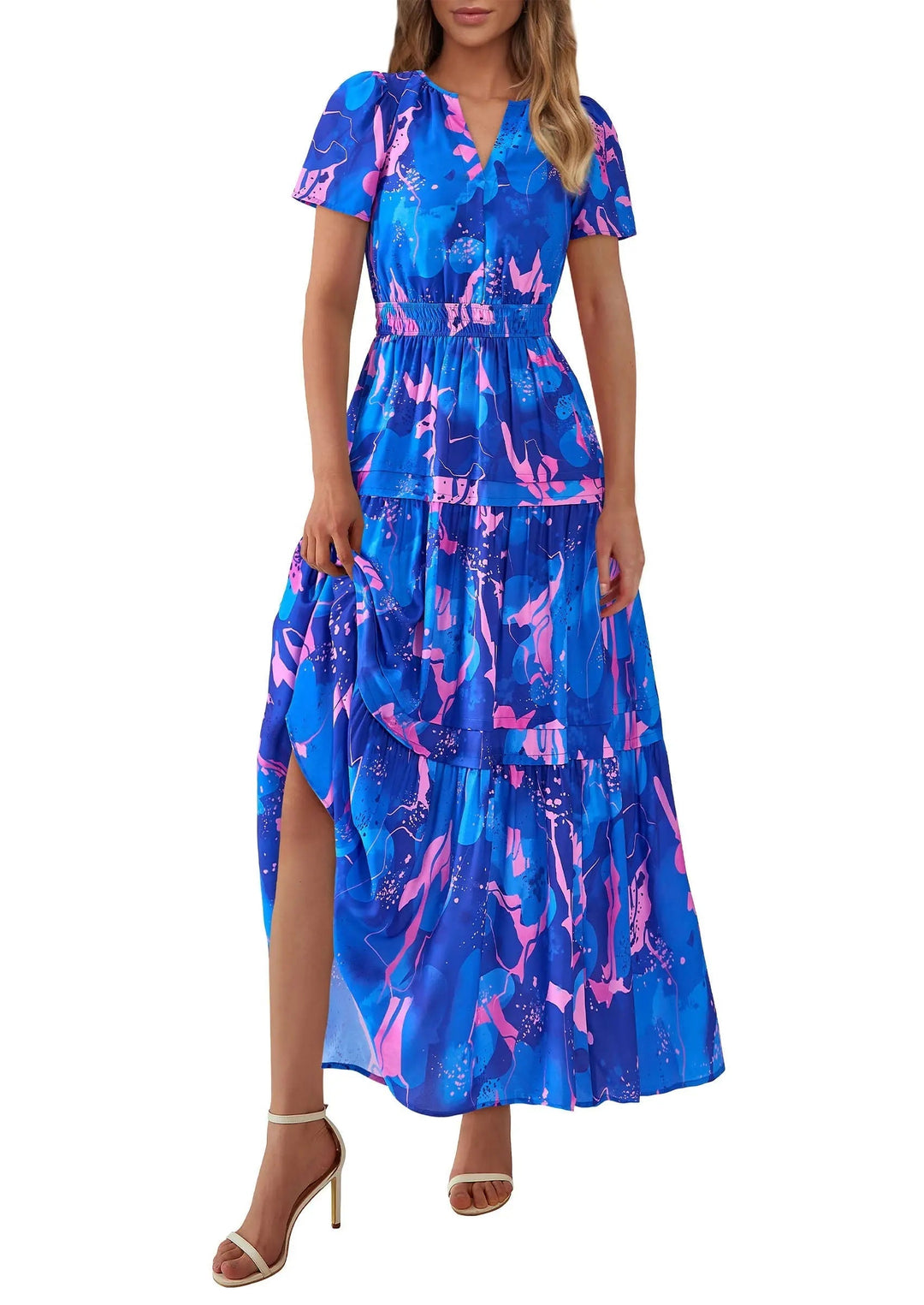Womens Maxi Dress Floral Boho V-Neck Short Sleeve Flowy A-Line