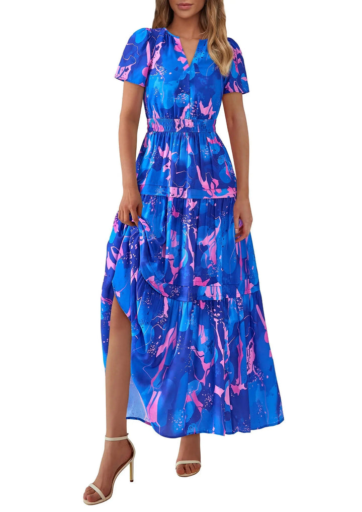 Womens Maxi Dress Floral Boho V-Neck Short Sleeve Flowy A-Line