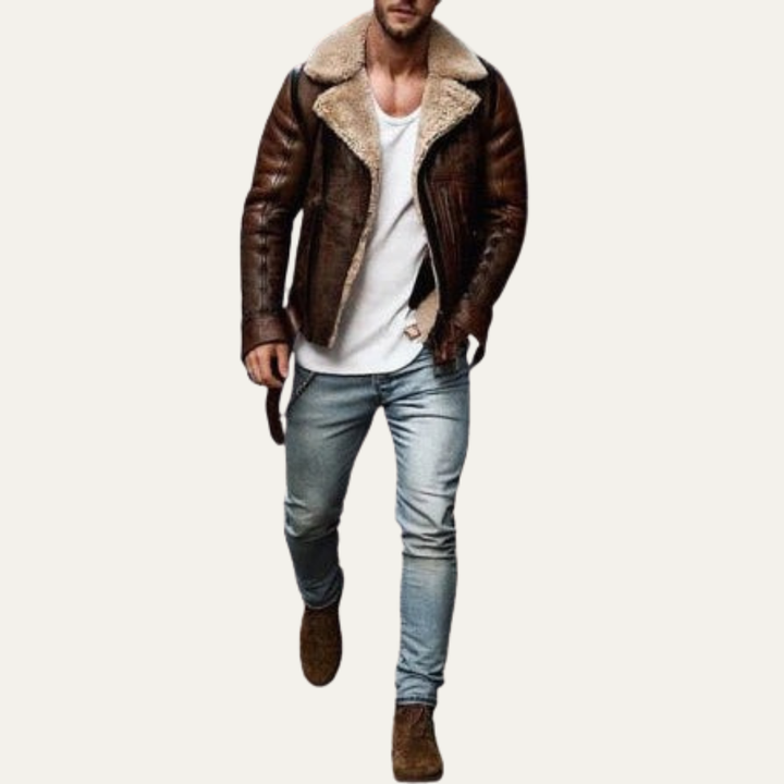 Mens Flight Jacket Shearling Rugged Fit Belted Hem