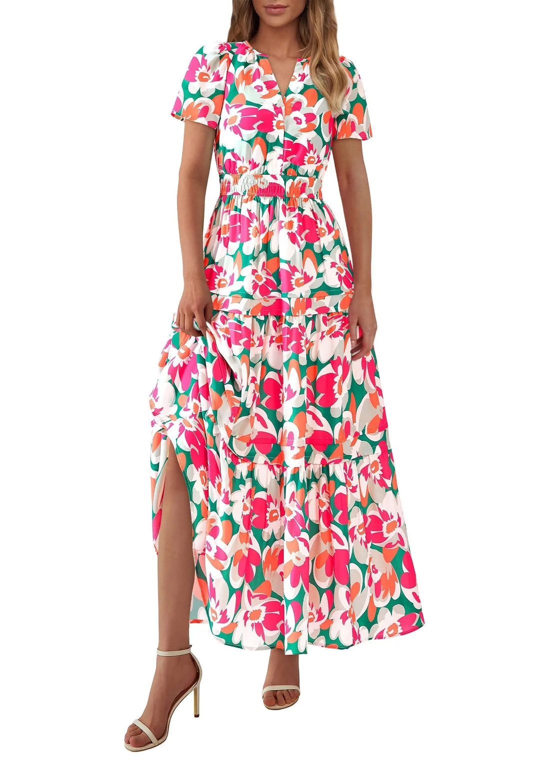 Womens Maxi Dress Floral Boho V-Neck Short Sleeve Flowy A-Line
