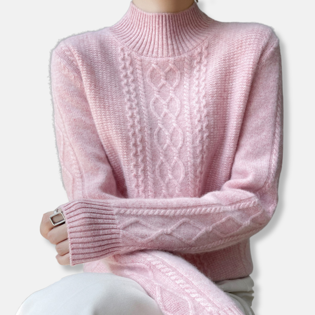 Womens Sweatshirt Wool Blend Cable Knit Relaxed Fit Ribbed Mock Neck - BritishMode
