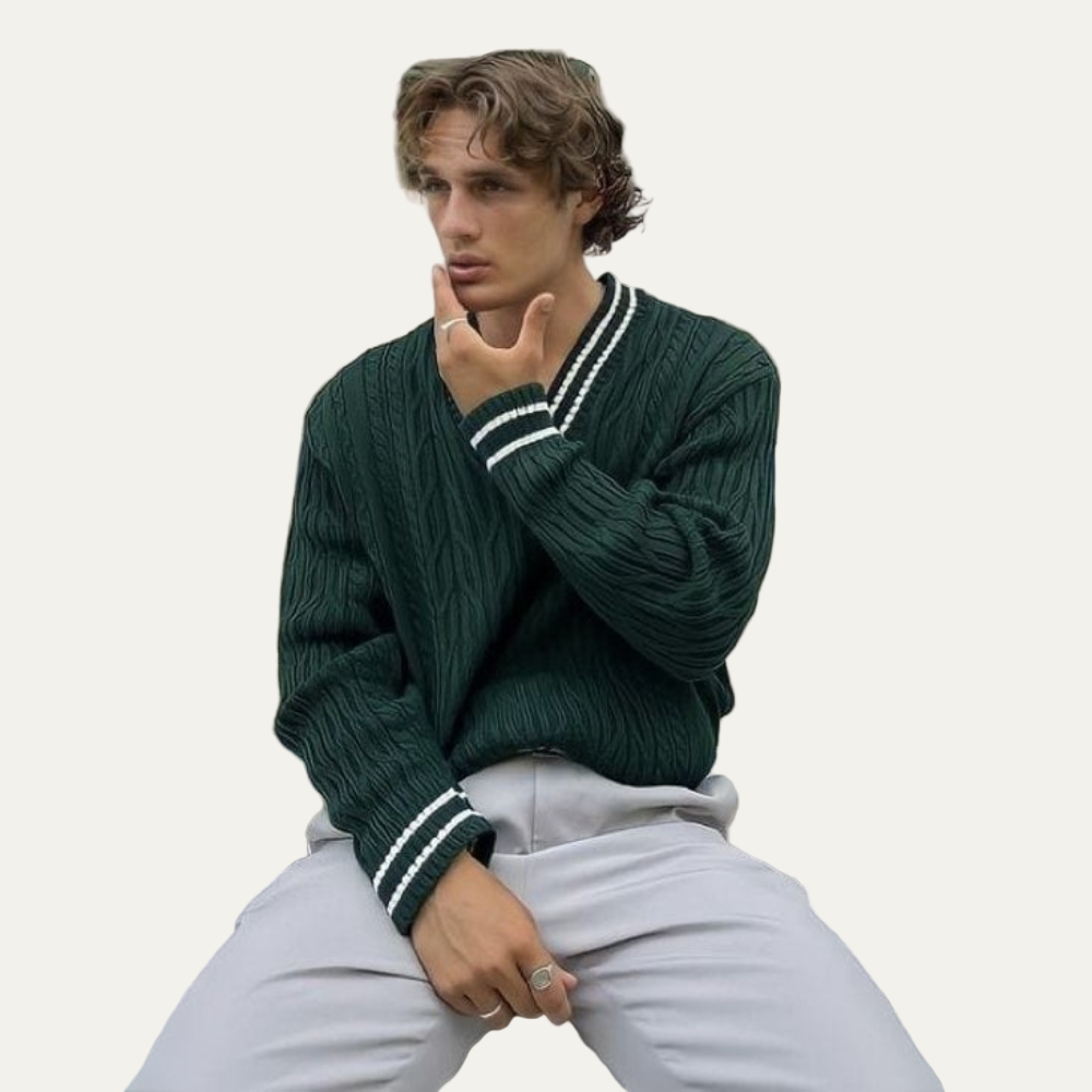 Mens Cable Knit Cricket Sweater V Neck - BritishMode