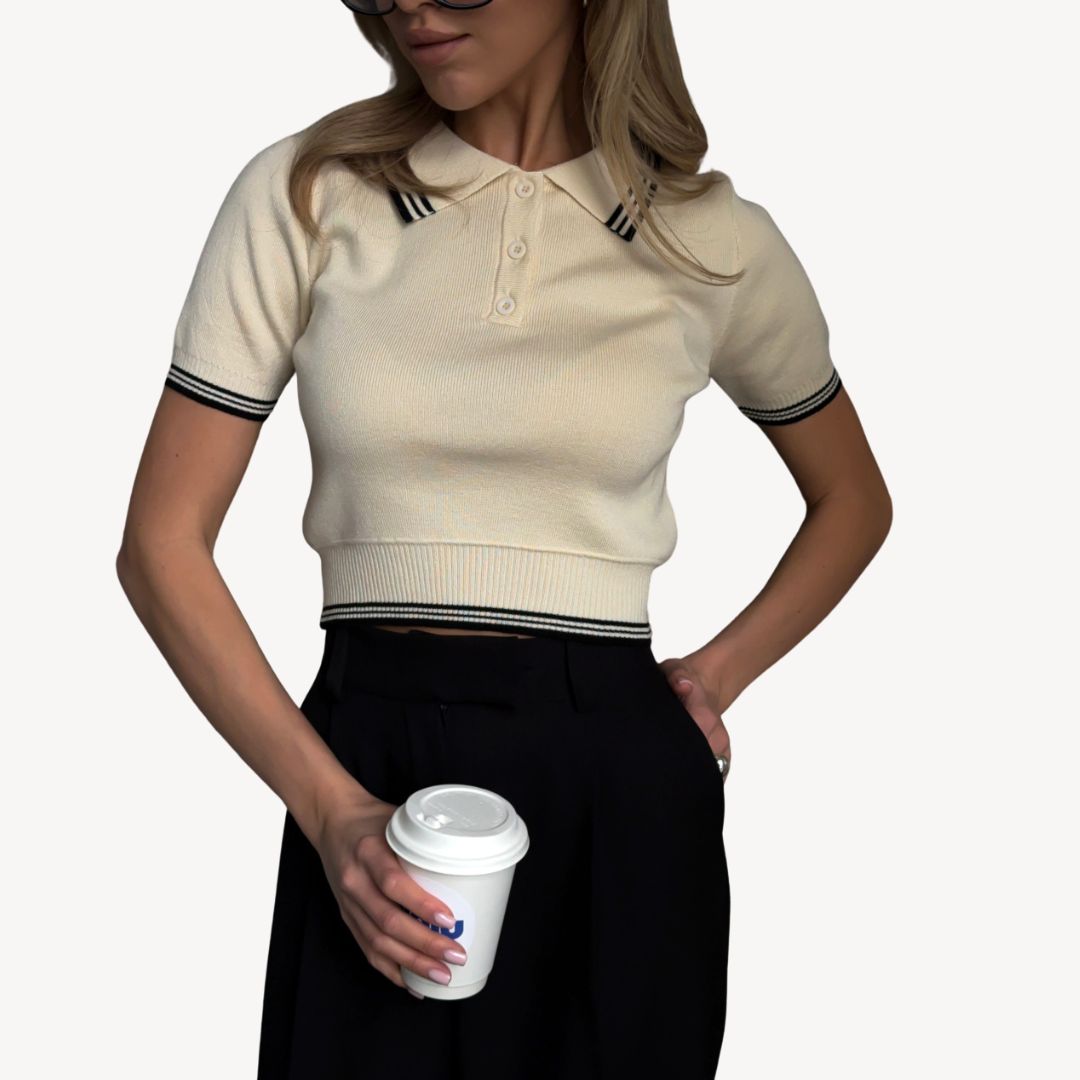 Womens Cropped Polo Knit Shirt Short Sleeve