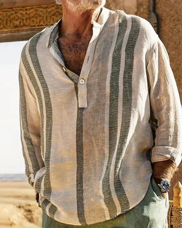 Mens Linen Shirt Grandad Collar Relaxed Fit - BritishMode