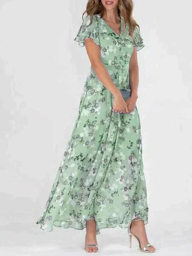 Womens Long Dress V-Neck Floral Pattern