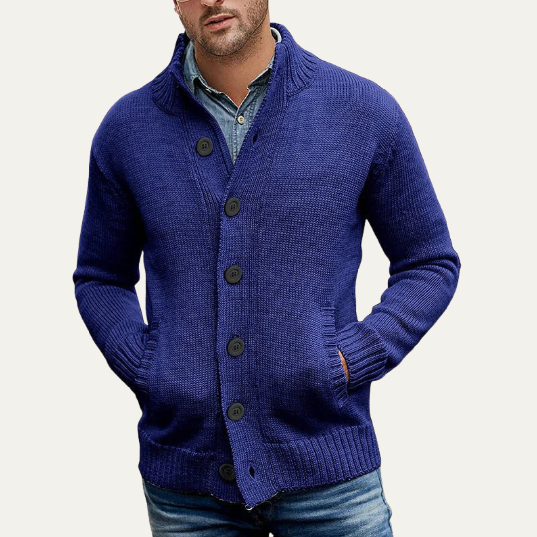 Mens Button Cardigan Chunky Knit Mock Neck