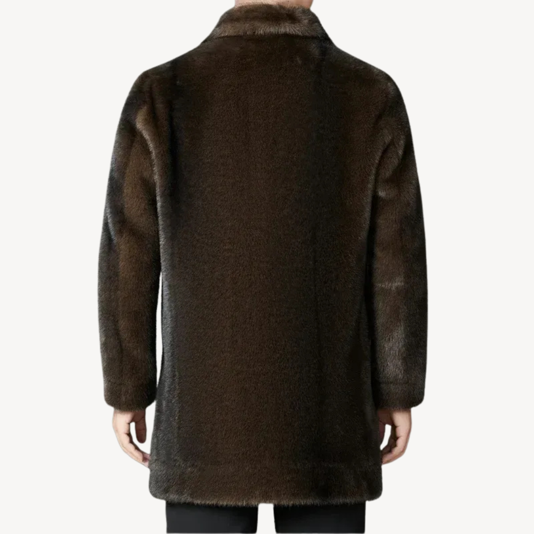 Mens Double-Breasted Overcoat with Faux Fur Collar