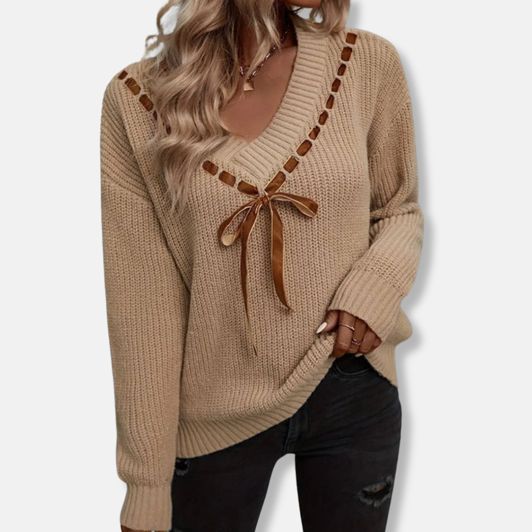 Womens Sweatshirt Ribbed Knit V-Neck Relaxed Fit Long Sleeve Ribbon - BritishMode