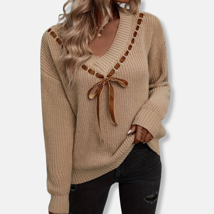 Womens Sweatshirt Ribbed Knit V-Neck Relaxed Fit Long Sleeve Ribbon - BritishMode