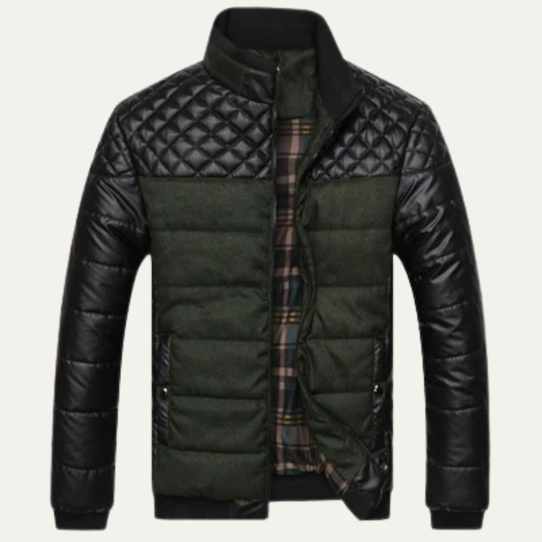 Mens Quilted Leather Jacket with Padded Stand Collar - BritishMode