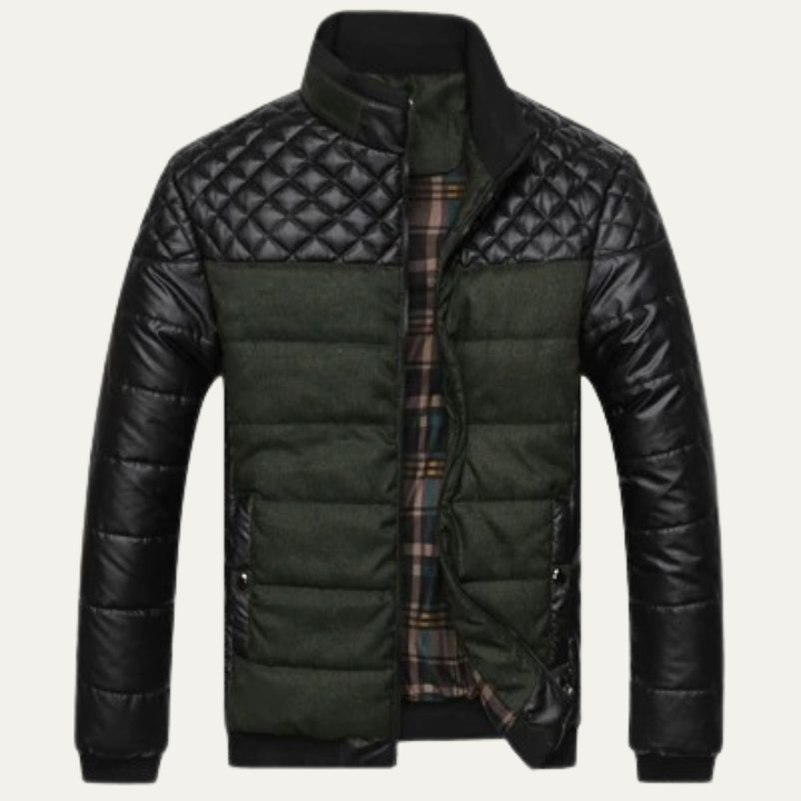 Mens Quilted Leather Jacket with Padded Stand Collar - BritishMode