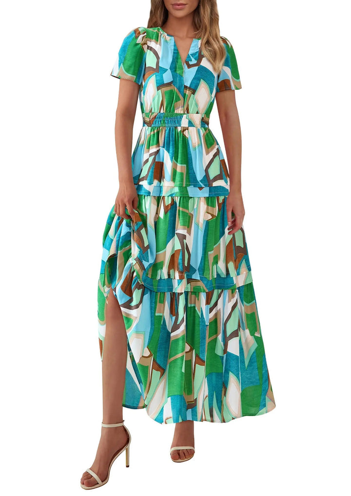 Womens Maxi Dress Floral Boho V-Neck Short Sleeve Flowy A-Line