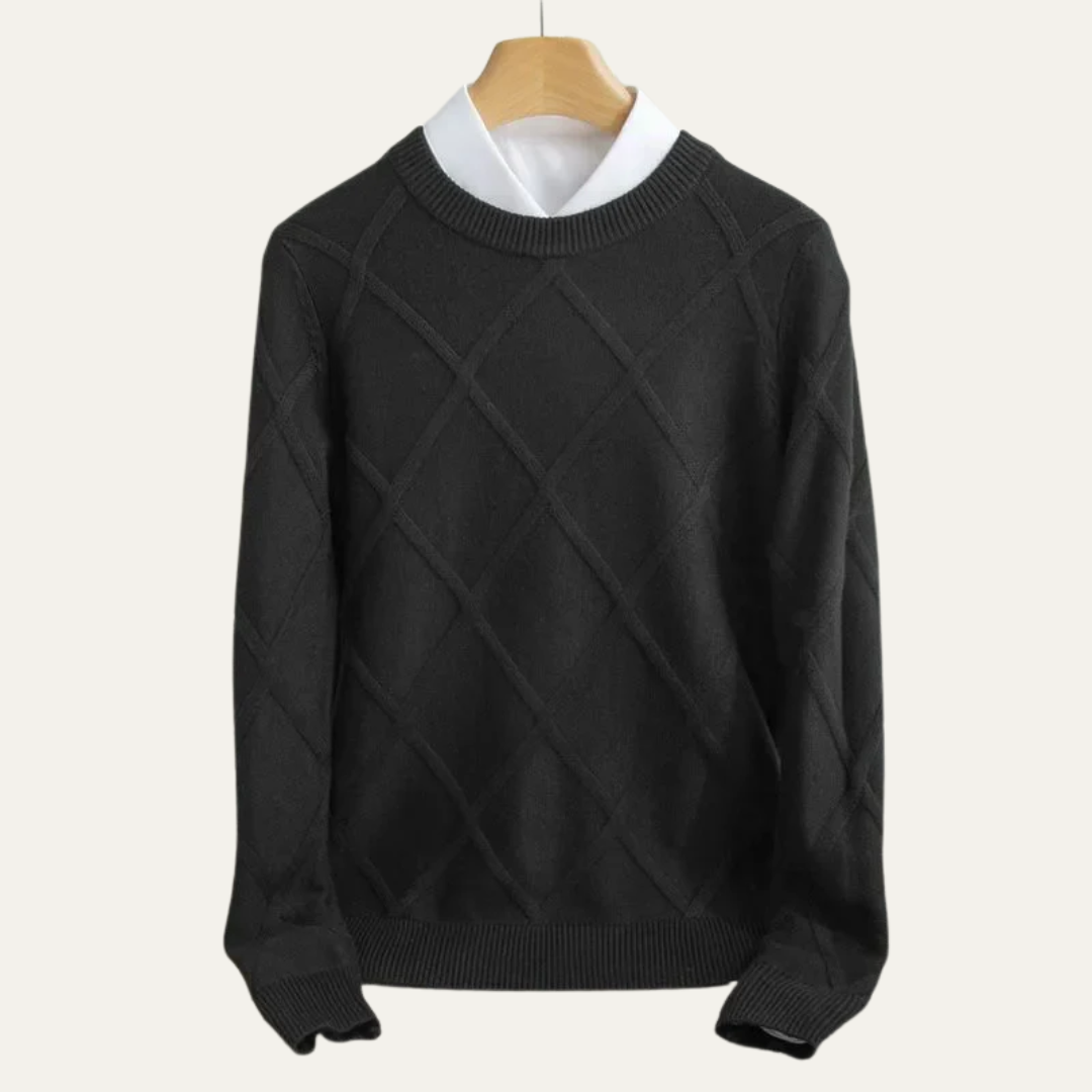Mens Crew Neck Sweater Argyle Pattern Ribbed Fit