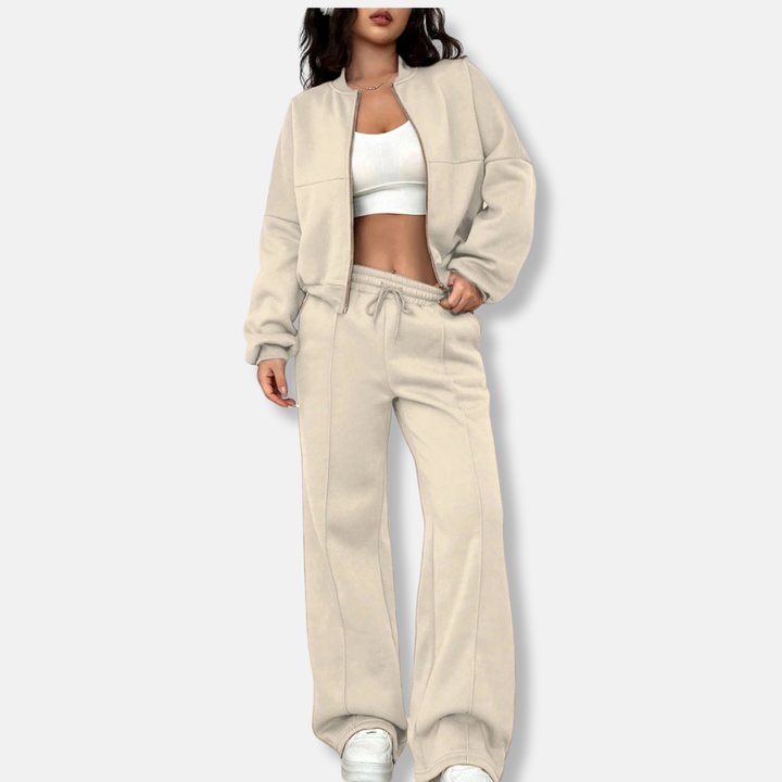 Womens Two-Piece Set Bomber Jacket Cropped Wide Leg Trousers - BritishMode