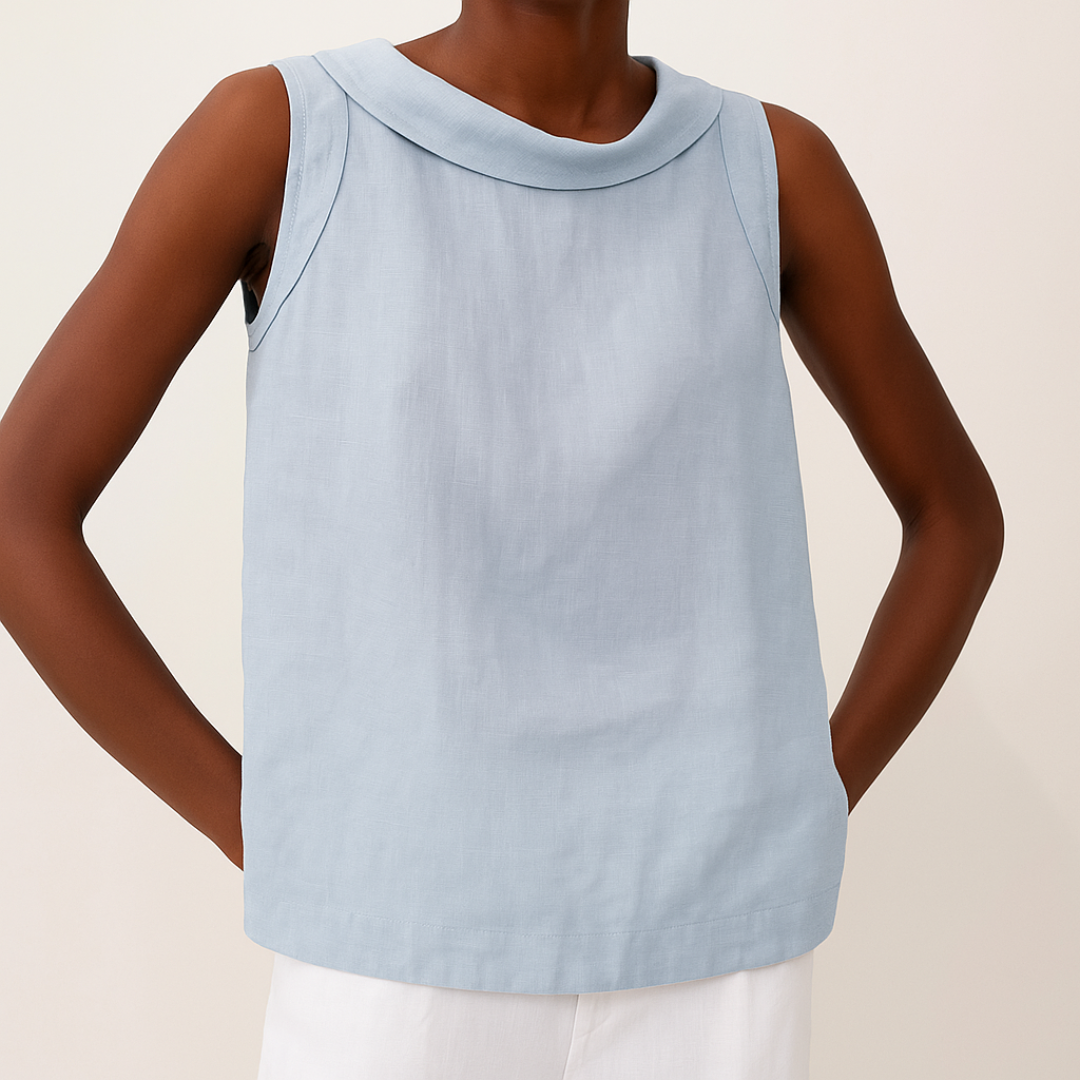 Womens Sleeveless Linen Top Rolled Collar Relaxed Fit