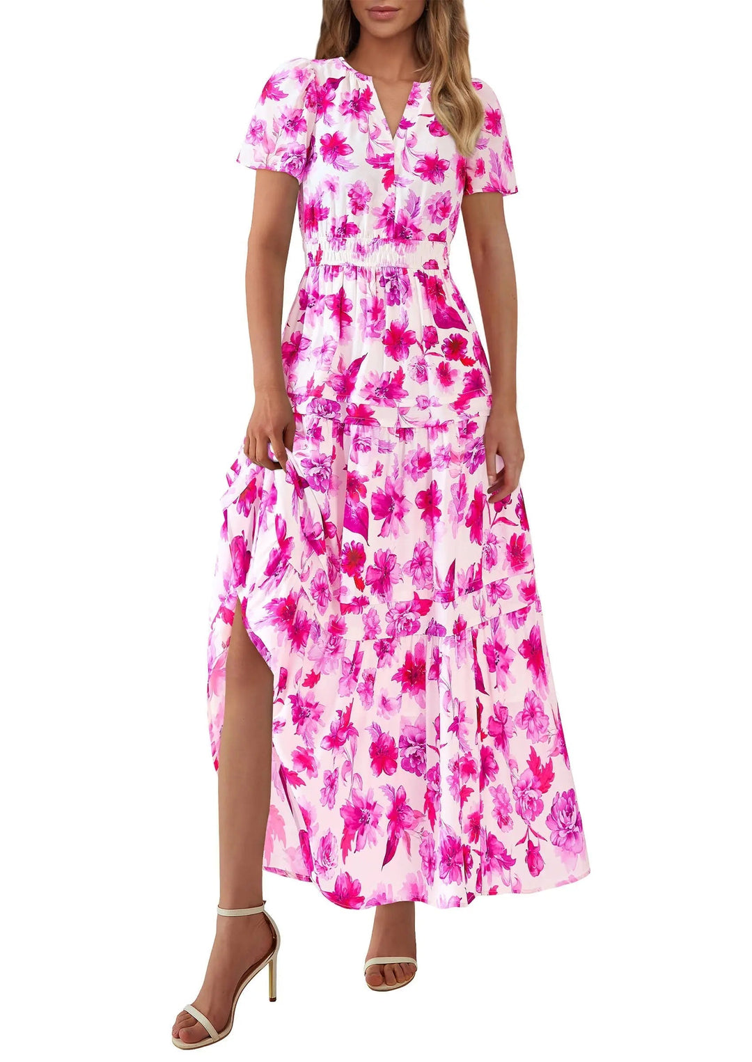 Womens Maxi Dress Floral Boho V-Neck Short Sleeve Flowy A-Line